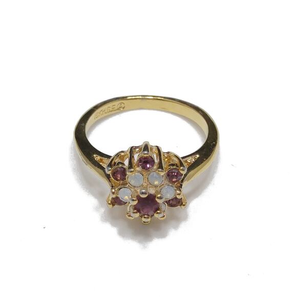Vintage 1970s Gold Plated Purple Rhinestone Opal Cocktail Ring 18K HGE Sz 5¼ - Picture 8 of 10